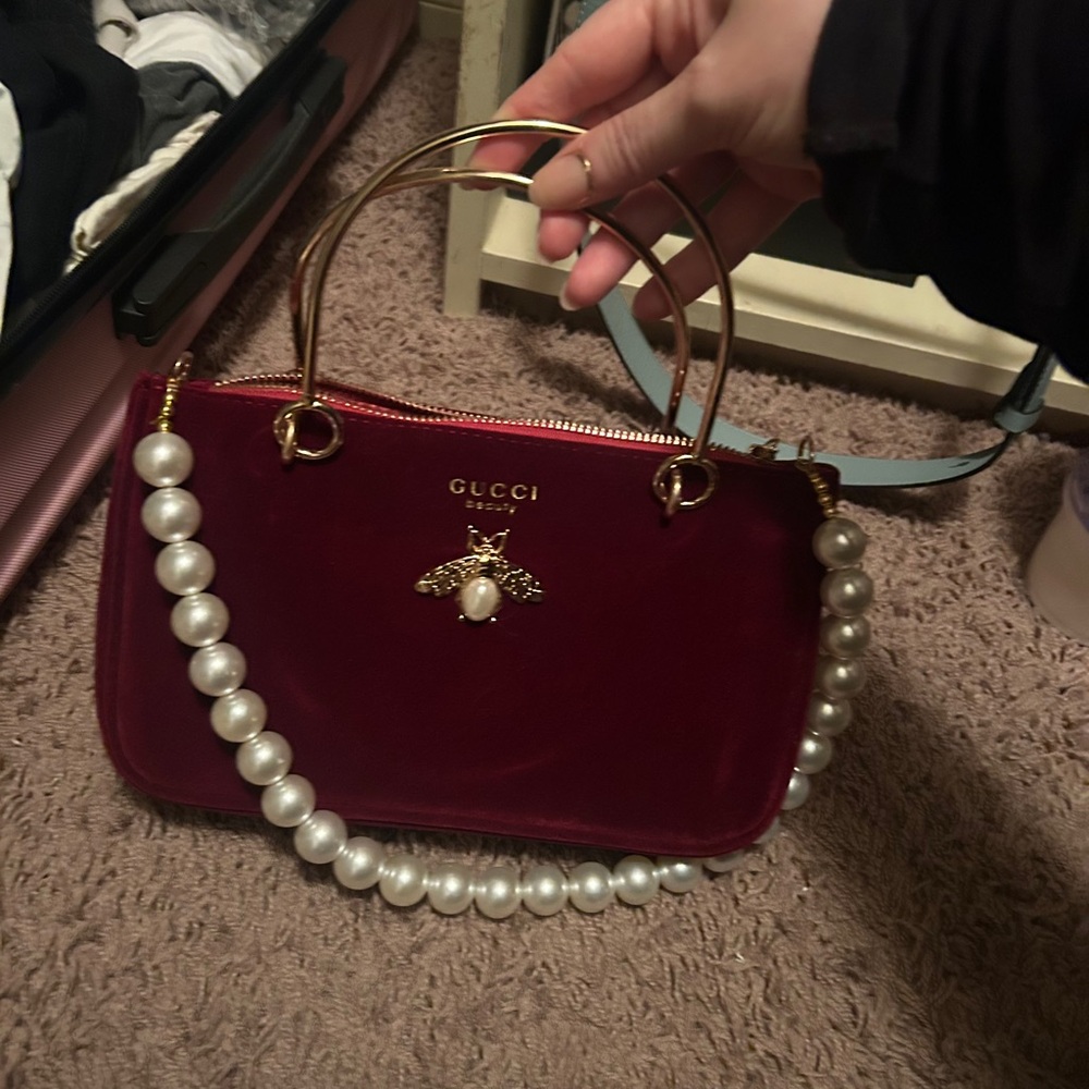 Gucci Beauty Burgundy Velvet Mini Bag with Pearl Detail